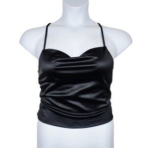Papermoon Womens Sleeveless Black Satin Crisscross Tie Back Top Size L NWT